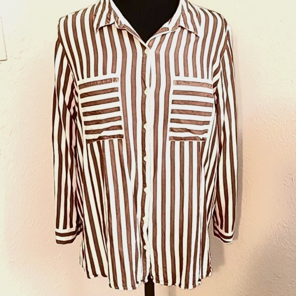 Cato Brown & White Stripe Buttondown Blouse, Size 18/20W